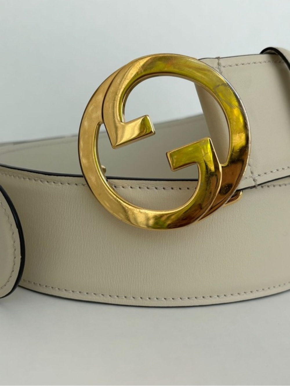 Gucci Interlocking GG Belt Cream Leather Gold Buckle Size 85/34 Authentic